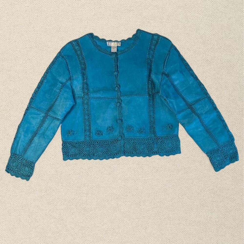 90s Blue Suede Cardigan Crochet Trim Detail sz L SMH Boutique Vintage Boho
